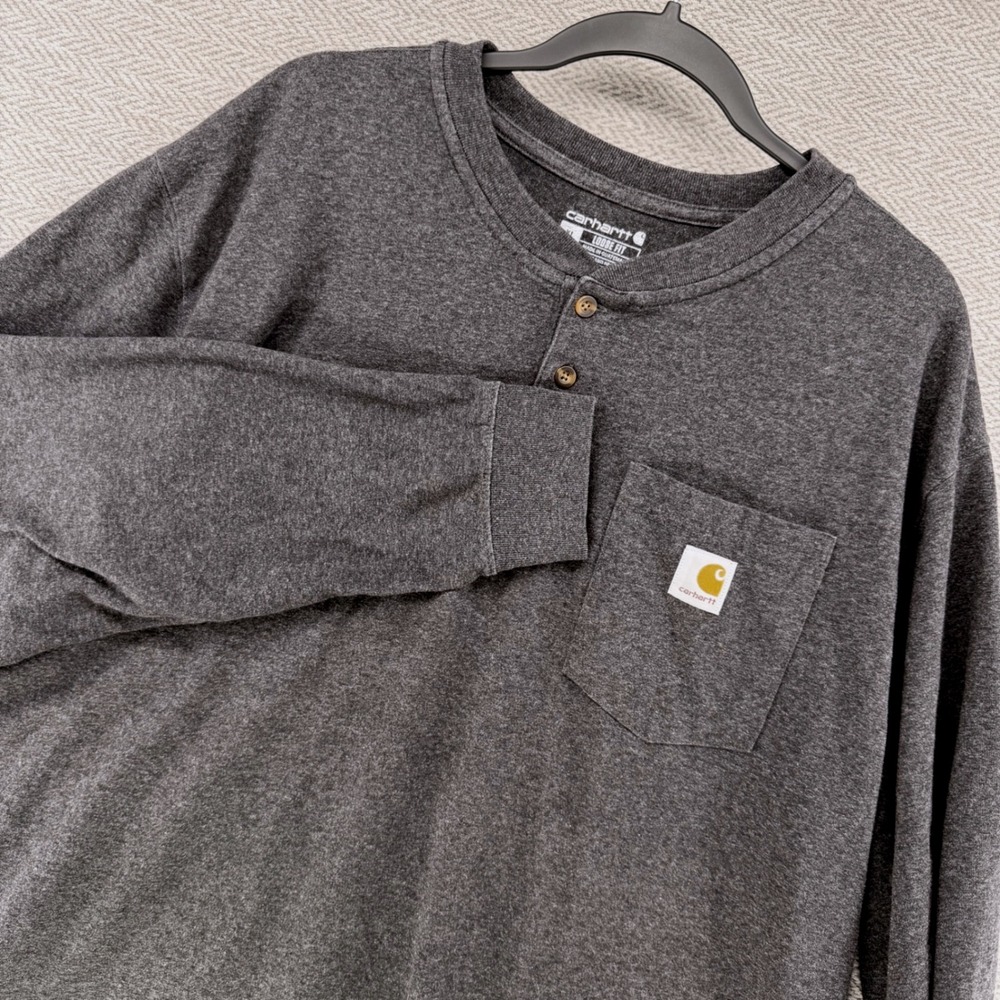 Carhartt Mens Loose Fit Long Sleeve Henley Pocket T-Shirt Gray XL Workwear